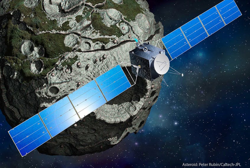 An artist’s rendition of the Psyche mission spacecraft in orbit around the asteroid 16 Psyche.