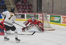 Acadia Axemen goalie Conor McCollum watches as Dalhousie Tigers forward Cameron Thompson tries to make a pass during Atlantic University Sport hockey action Feb. 10 in Wolfville.   
Peter Oleskevich • Acadia Athletics