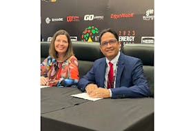 Charlene Johnson, Energy NL CEO, left, and Anand Beharry, chair of the Canada Guyana Chamber of Commerce, signed the memorandum of understanding in Georgetown, Guyana. Contributed