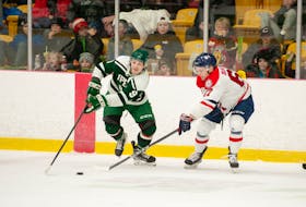 UPEI Panthers forward Kyle Maksimovich, 9, protects the puck from the Acadia Axemen’s Adam McMaster, 67, during an Atlantic University Sport (AUS) Men’s Hockey Conference game at MacLauchlan Arena on Jan. 28. The Panthers open the best-of-three quarter-final series against the Moncton Blue Eagles at The Mac on Feb. 15 at 7 p.m. Janessa Hogan • Special to The Guardian