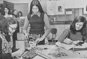 Hantsport High School students were hard at work learning home economics skills in 1973. Pictured, from left, are: Janice Marsters, Lorraine Smith, ad Debbie Connors.