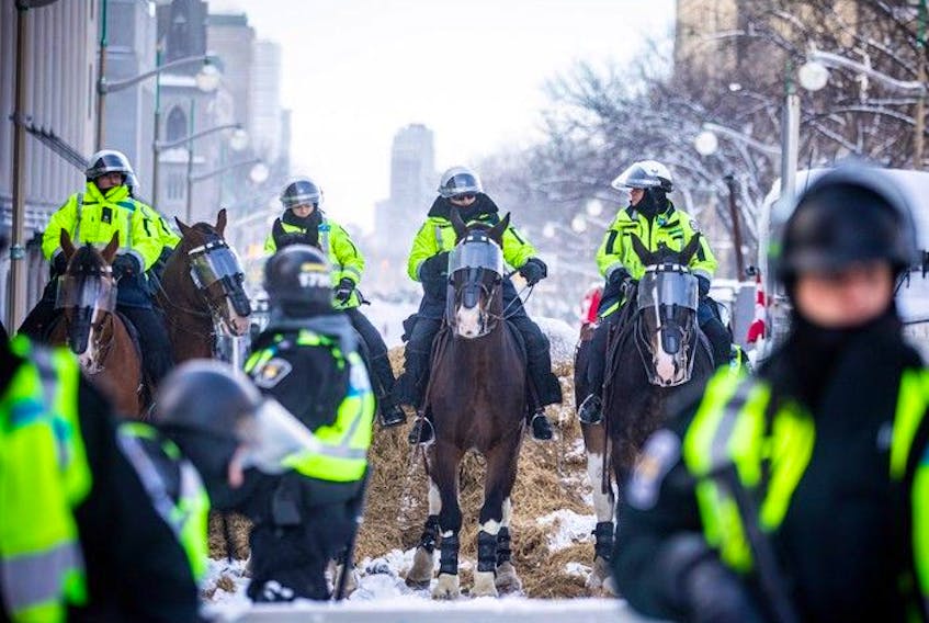  OTTAWA — Police from all different forces across the country joined together to try to bring the “Freedom Convoy” occupation to an end Saturday, February 19, 2022. Toronto Police Mounted Unit officers were back on Wellington Street Saturday, moving protesters out of the occupied areas.ASHLEY FRASER, POSTMEDIA