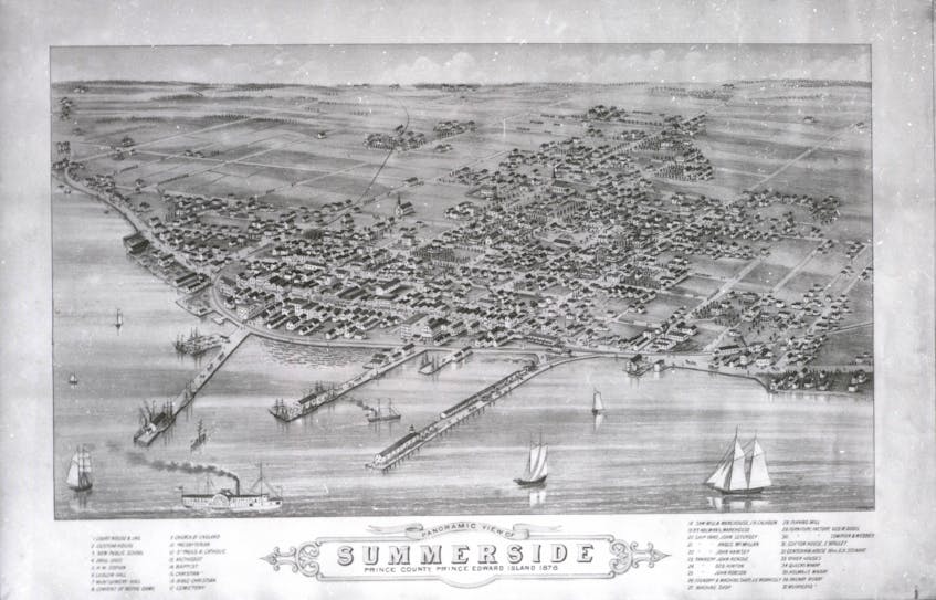A bird’s-eye view of Summerside in 1878 was drawn by American panoramic artist, Albert Ruger.  It clearly shows the loop of the railroad track (now Confederation Trail) through the town, which was granted its charter in 1877.