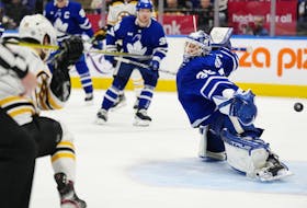 Boston Bruins' Pavel Zacha scores on Maple Leafs' goaltender Ilya Samsonov during the third period in Toronto on Wednesday, Feb. 1, 2023. 