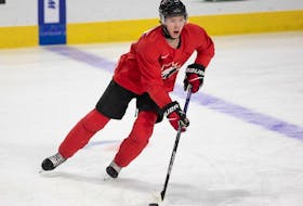 Canadiens prospect Owen Beck skates during Canada's World Junior Hockey Championship selection camp in Moncton, N.B., on Dec. 9, 2022.