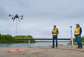 An AltoMaxx drone lifts off to begin a bathymetry mapping mission.