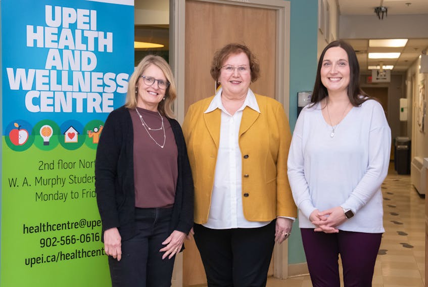 UPEI Health and Wellness Centre administrative assistant Sharon Currie, left, is joined by director Marilyn Barrett and licensed practical nurse Becky Coffin at the centre. Contributed