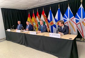 Atlantic Canada premiers Blaine Higgs (New Brunswick), left, Dennis King (P.E.I.), Tim Houston (Nova Scotia) and Andrew Furey (Newfoundland and Labrador), at a press conference on Feb. 20 in Charlottetown. Terrence McEachern - The Guardian