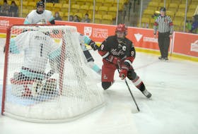 Gavin McKenna goes behind the net and tucks the puck in the other side against the Northwest Territories during Canada Games hockey action Feb. 20 at MacLauchlan Arena. 

Jason Malloy