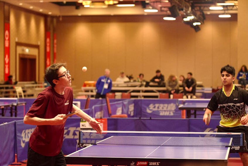 Newfoundland and Labrador athlete Peter Quinlan of Chapel's Cove serves during table tennis action at the 2023 Canada Winter Games being held in Prince Edward Island. Le Loi photo/Canada Games
