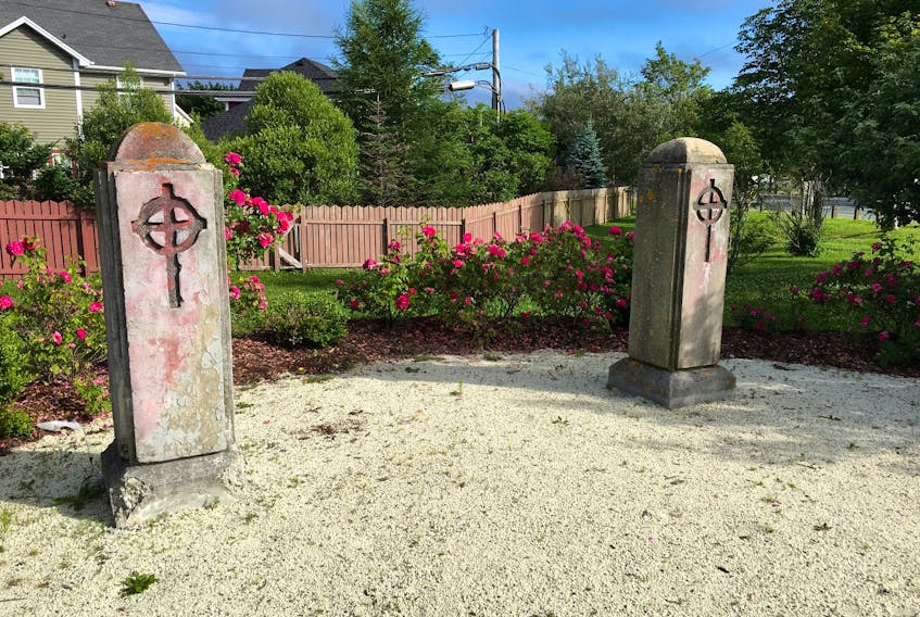 STJ-Mount-Cashel-memorial  Two original gateposts from the former Mount Cashel orphanage property stand at a memorial parkette in St. John’s. File photo
