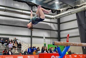 P.E.I. athlete Ella MacDougall competes in the all-around female final competition in artistic gymnastics at the 2023 Canada Winter Games at the Norton Diamond Soccer Complex in Stratford on Feb. 23. Rudi Terstege/Special to SaltWire Network