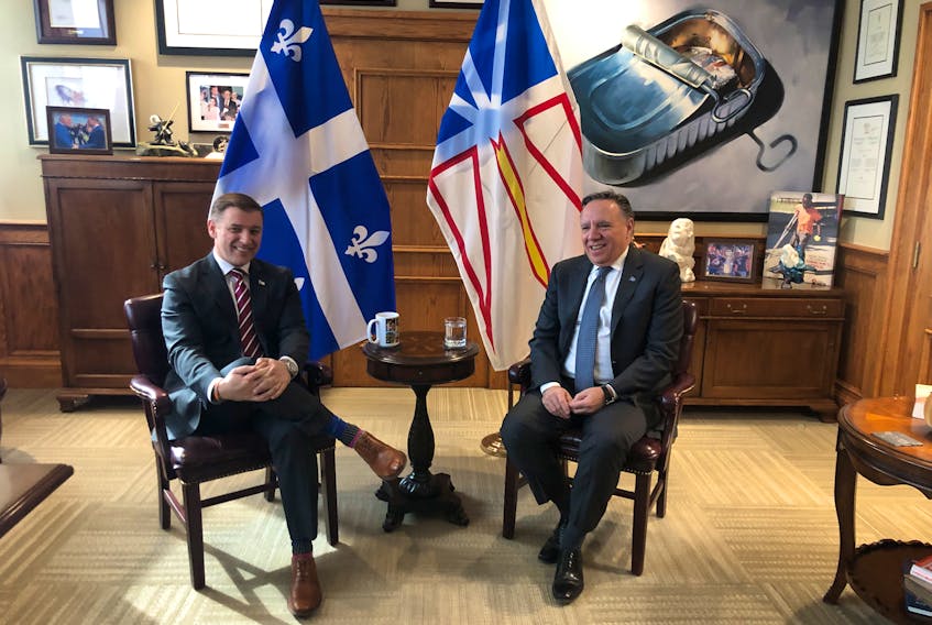 Premier Andrew Furey meets with Quebec Premier Francois Legault at the Confederation Building Friday, Feb. 24. -Joe Gibbons/The Telegram