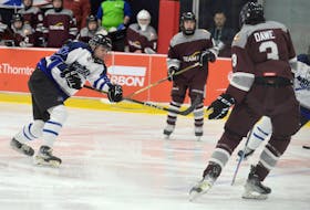 Logan Roop ripping a puck while in action for Team Nova Scotia at the Canada Winter Games in Summerside, P.E.I.