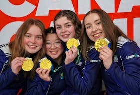 The Sophie Blades-skipped rink made Nova Scotia curling history on Feb. 24, becoming the first-ever female team from the province to win a gold medal at the Canada Winter Games. Team members are, from left, Blades, third stone Kate Weissent, second stone Stephanie Atherton and lead Alexis Cluney. Nova Scotia defeated Alberta 9-5 in the gold-medal game at the Silver Fox Entertainment Complex in Summerside on Feb. 24. Rudi Terstege/Special to SaltWire Network