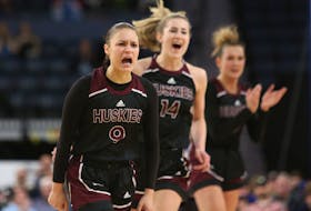 Saint Mary's Huskies Alaina McMillan, left, rreacts to a late basket against the Acadia Axewomen during 2nd half action at the AUS womens bball title in Halifax Sunday February 26, 2023.

TIM KROCHAK PHOTO