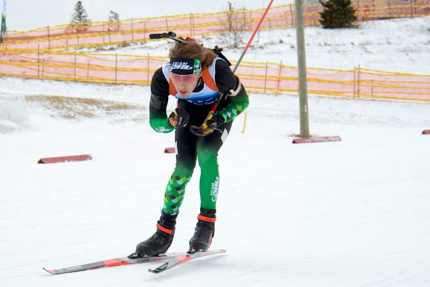 Millvale’s Fidel Wendt skis down a hill during the 12.5-kilometre individual biathlon Feb. 23 at the Mark Arendz Provincial Ski Park at Brookvalle. Wendt, who finished 14th in the 39-biathlete field, will compete in cross-country skiing during Week 2 of the Games. Jason Malloy • SaltWire Network