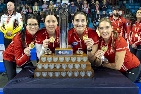  Kerri Einarson (l-r), Val Sweeting, Shannon Birchard and Briane Harris won the Scotties for the fourth straight year and will represent Canada at the world championship in Sweden.