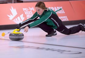 New Dominion’s Ella Lenentine delivers a rock during Team P.E.I.’s first draw at the Canada Games’ mixed curling doubles competition Feb. 28 at the Montague Curling Club.  
Jason Malloy • SaltWire Network