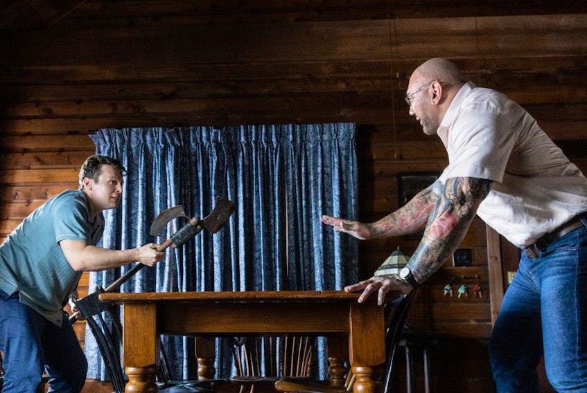 Jonathan Groff and Dave Bautista in Knock at the Cabin.