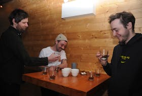 Cupping is a process to evaluate the flavour, taste and quality of a given coffee. Cape Coffee team members, from the left, Phil Maloney, Whit MacDonald and Ethan Murphy were checking out some samples Friday at Bannerman Brewing in St. John's to see what might make the cut for the newly-launched coffee roasting business. — Andrew Robinson/The Telegram