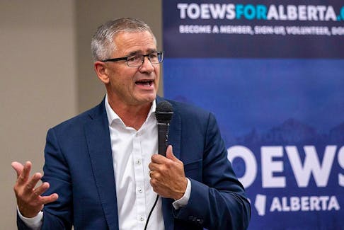 UCP leadership candidate Travis Toews speaks at the Yellowbird community hall on Wednesday, Sept. 14, 2022 in Edmonton.