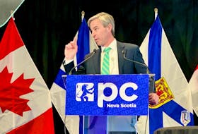 Premier Tim Houston speaks to the crowd at the Progressive Conservative annual general meeting in Halifax Marriot Harbourfront Hotel in Halifax on Saturday. - Jen Taplin