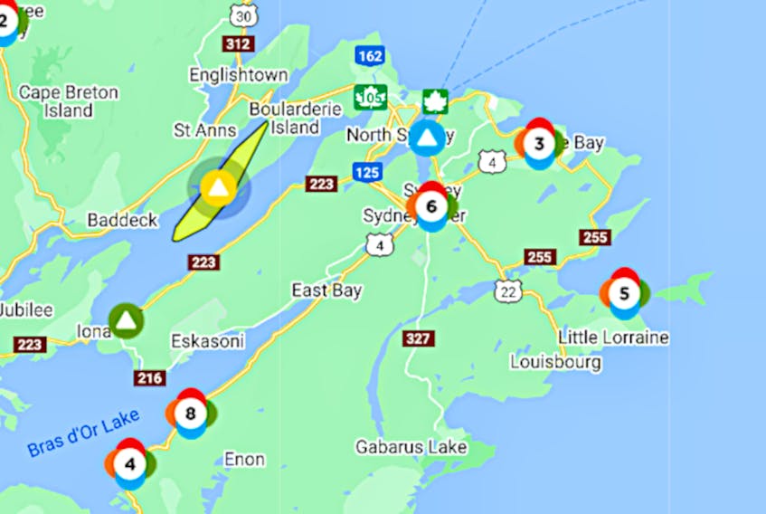 Almost 2,000 Nova Scotia Power customers on Cape Breton were without power Saturday morning, including about 340 from Bouladerie to Kempt Head. CONTRIBUTED / NOVA SCOTIA POWER OUTAGE MAP