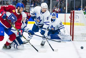 Marlies defenceman Marshall Rifai defends against the Laval Rockets Saturday afternoon. 