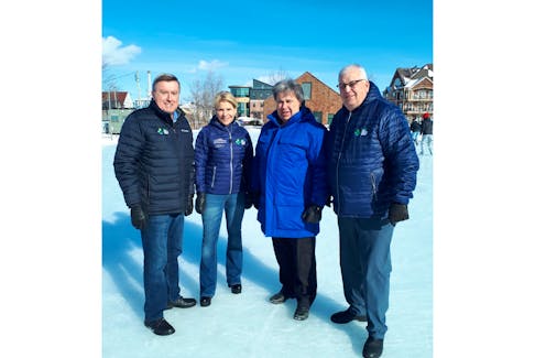The new Founders Hall Greenspace Outdoor Rink is now open to the public. 2023 Canada Games Host Society chair Wayne Crew, left, Charlottetown Deputy Mayor Alanna Jankov, Coun. Mitchell Tweel and 2023 Canada Games Host Society CEO Brian McFeely.