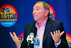 NHL commissioner Gary Bettman talks to the media before the 2023 NHL All-Star Game at FLA Live Arena on Saturday.