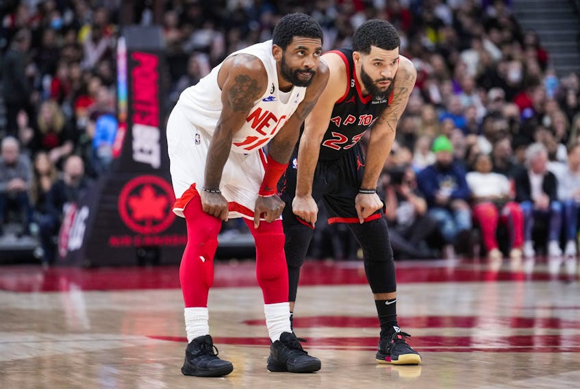 The trade demand this week of Nets’ Kyrie Irving (left) will most likely temper interest among other NBA teams in fellow point guard Fred VanVleet of the Raptors. 