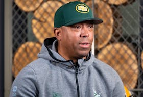 Edmonton Elks assistant general manager Geroy Simon addresses media during the Canadian Football League Winter Meetings at the Pomeroy Kananaskis Mountain Lodge on Jan. 10, 2023.