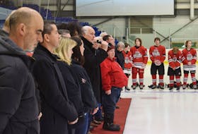 Pictou Centre MLA Pat Dunn was a guest speaker at the opening ceremonies of the Bantam Memorial Tournament, which was held at the Pictou County Wellness Centre from Feb. 3-5. Family and former players impacted by the 1984 crash that killed three players and a parent were also in attendance. - Adam MacInnis