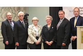 In the fall of 2018 then-Liberal Health Minister Robert Mitchell, second from left, appointed an entirely new board of Health P.E.I. at a Health P.E.I. AGM. This board included Randy Goodman, Philip Jost, Kathleen MacMillan, Helen Flynn and James Revell. Absent in the photo were Colleen Parker and Andrea Slysz. Flynn and Parker are the only two remaining board members appointed in 2018. SaltWire file