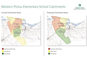 A map shows the proposed changes to the West Pictou schools catchment areas.