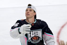 Atlantic Division forward Mitchell Marner of the Toronto Maple Leafs looks on before the 2023 NHL All-Star Game at FLA Live Arena. 