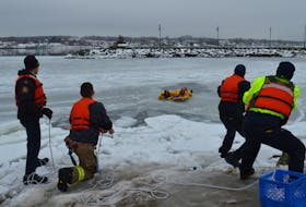 Cape Breton Regional Firefighters willingly pushed themselves into the icy waters of Sydney Harbour on Monday to help their coworkers practice ice rescue training. The process involved multiple firefighters and a variety of rescue techniques. Firefighters on scene reported perfect conditions for their practice session. From the left are Matt MacKenzie, Nolan Latham, Jordan Langois, Darryl Boone, Jody Wrathall, Mike Bourgeois and Matt Wilcox. GREG MCNEIL/CAPE BRETON POST
