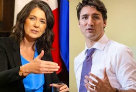 Alberta Premier Danielle Smith, left, and Prime Minister Justin Trudeau. 
