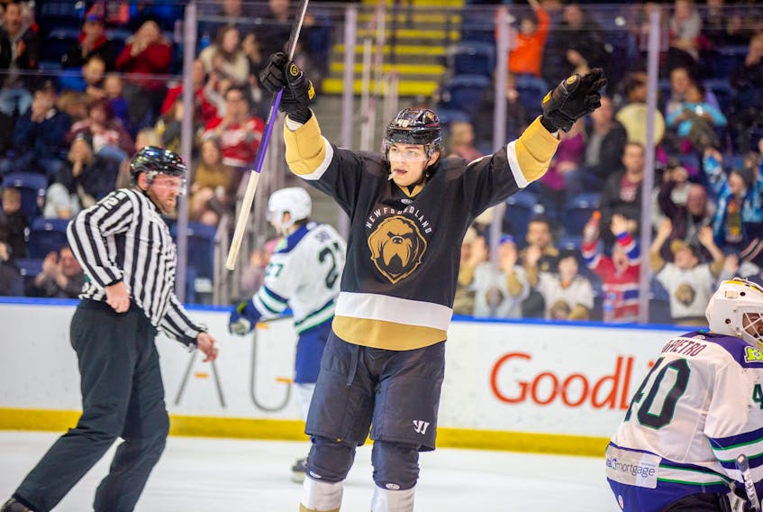Newfoundland Growlers forward Pavel Gogolev raises his arms after a Growlers goal during weekend action against the Maine Mariners at the Mary Brown’s Centre in St. John’s on Feb. 5. Gogolev and the Growlers took two-of-three from the Mariners and have increased their lead at the top of the ECHL’s Eastern Conference. Jeff Parsons/Newfoundland Growlers