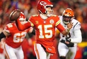 Kansas City Chiefs quarterback Patrick Mahomes passes the ball against the Cincinnati Bengals during the second quarter of the AFC Championship game at GEHA Field at Arrowhead Stadium.  