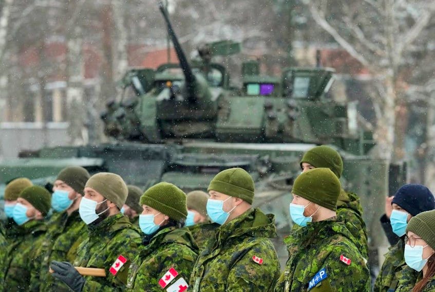 FILE PHOTO: Canadian troops of NATO enhanced Forward Presence battle group attend meeting with Canadian Defence Minister Anita Anand in Adazi, Latvia February 3, 2022. 