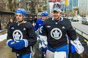  Toronto Maple Leafs Auston Matthews (from left), Frederik Gauthier and Frederik Andersen exit the subway at Osgoode Station on their way to the 2019 Toronto Maple Leafs Outdoor Practice at Nathan Phillips Square in Toronto, Ont. on Thursday February 7, 2019. Ernest Doroszuk/Toronto Sun/Postmedia