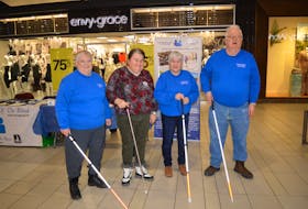Members of the Canadian Council of the Blind (CCB) are pictured at the Mayflower Mall on Wednesday during the annual event for White Cane Week. Pictured from left to right are Louise Gillis, Mary Campbell, Chris Lewis, and Raymond Young. SHANNON LEE/CAPE BRETON POST
