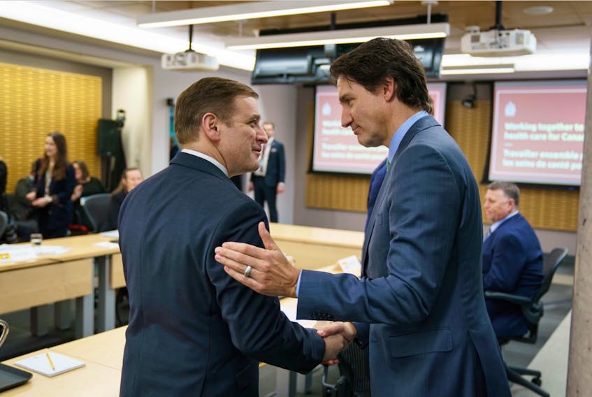 Premier Andrew Furey met with Prime Minister Justin Trudeau to discuss a federal proposal to increase the Canada Health Transfer over a 10-year period. Screenshot from Premier Furey's Twitter.