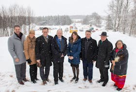 Faculty of medicine CEO Paul Young, left, executive director of development and alumni engagement Myrtle Jenkins-Smith, UPEI vice-president academic and research Greg Naterer, Health and Wellness Minister Ernie Hudson, Education and Lifelong Learning Minister Natalie Jameson, Premier Denis King, UPEI interim president and vice-chancellor Greg Keef and UPEI elder-in-residence Judy Clark visited the construction site of UPEI’s new health education building and health and wellness clinic. Contributed