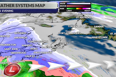 Low pressure set to pass off Nova Scotia will bring widespread snow to most of the Maritimes later Thursday and Thursday night.