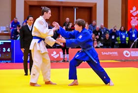 P.E.I.’s Logan Gallant, right, met Ontario’s Arel Roitman in the bronze medal match at the Canada Games’ judo competition March 1 in Charlottetown. Rudi Terstege • Special to SaltWire Network