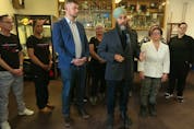  Federal NDP Leader Jagmeet Singh was in Winnipeg Tuesday, where he talked about health care. He is pictured here with the group he met with before speaking with reporters.