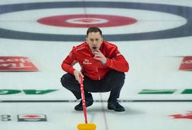 Brad Gushue calls after one of his shots at the 2023 Brier.